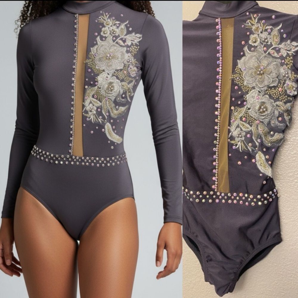 Patrick J custom competition solo Dance Costume gray long illusion LC-large chil
